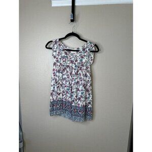 Knox Rose Womens White Blouse Small floral aline rayon sleeveless round neck‎